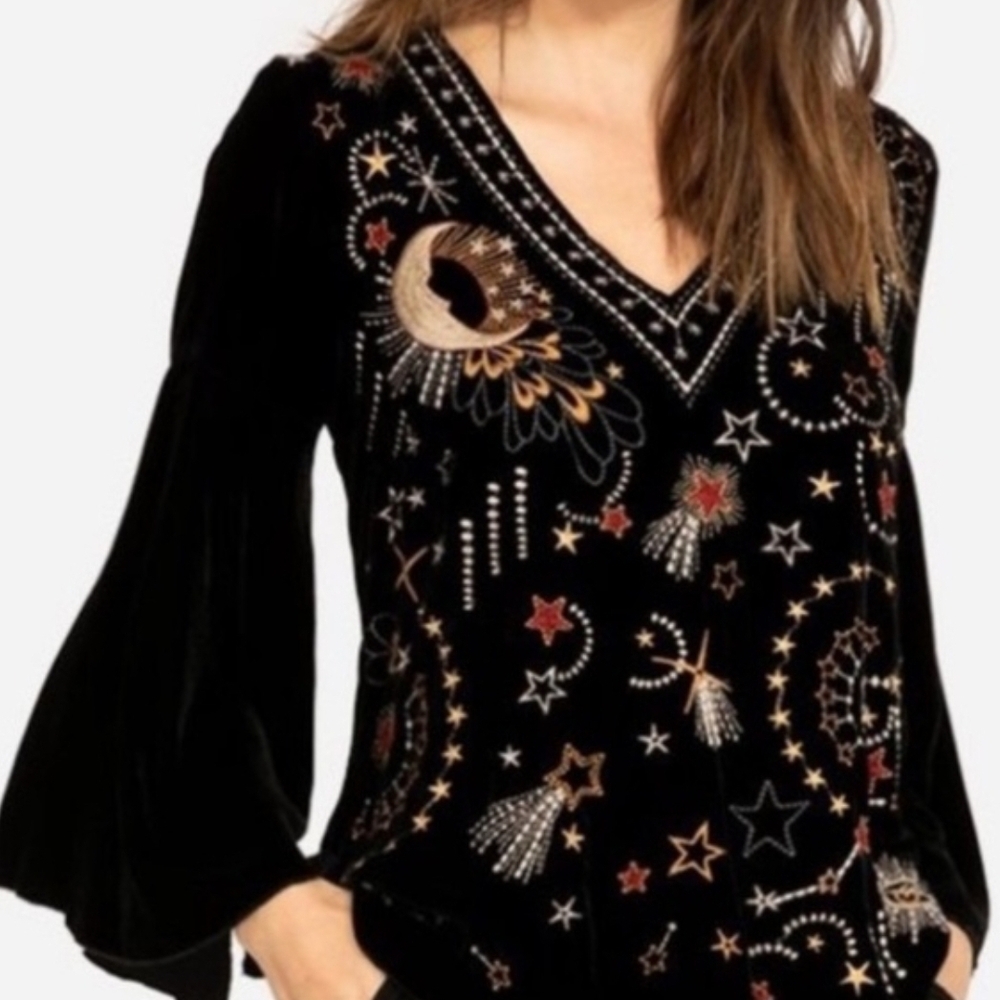 Johnny Was Black Top with Colorful Embroidery